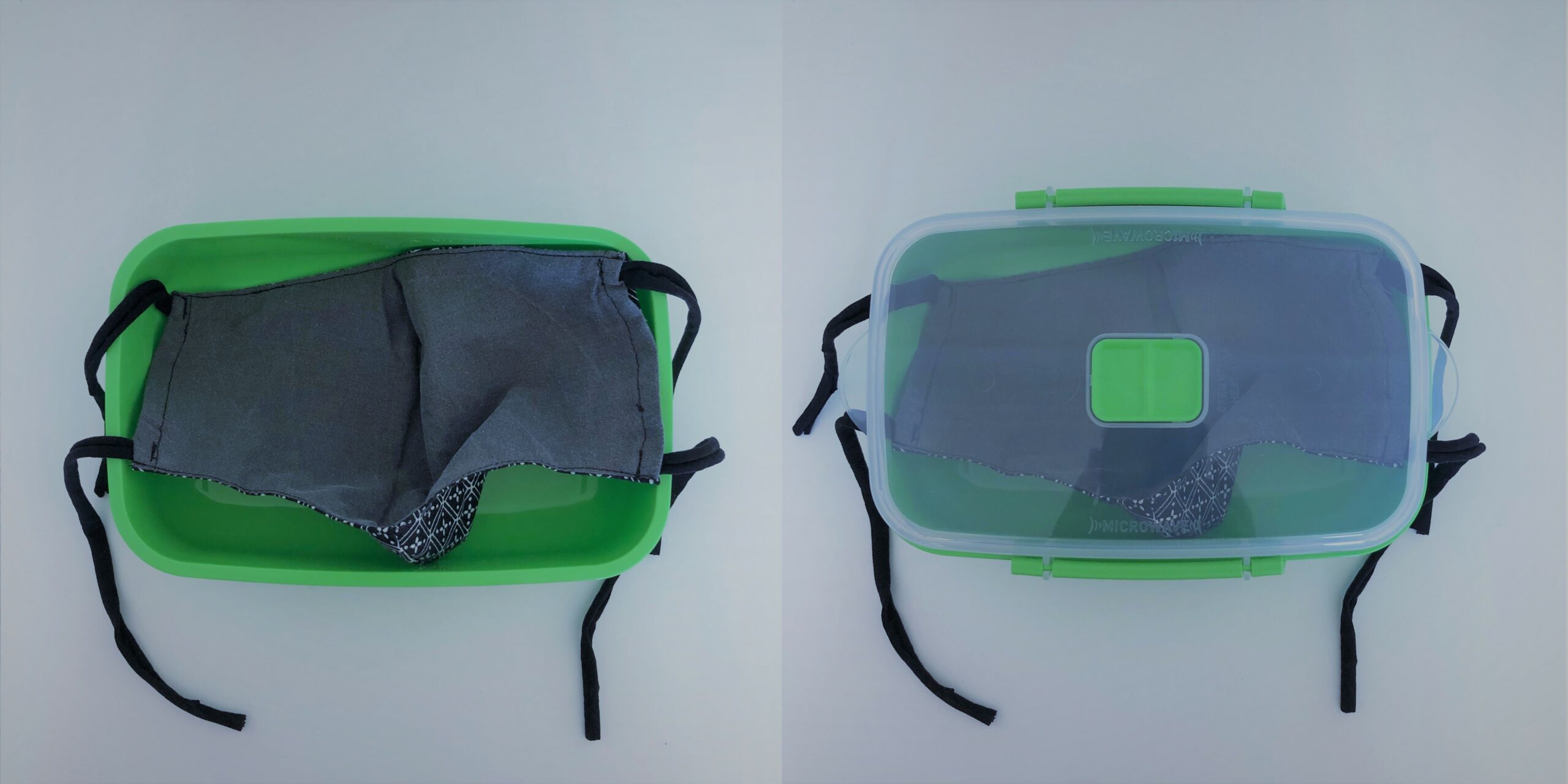 Combinatiefoto: doos met deksel om een mondmasker in te bewaren